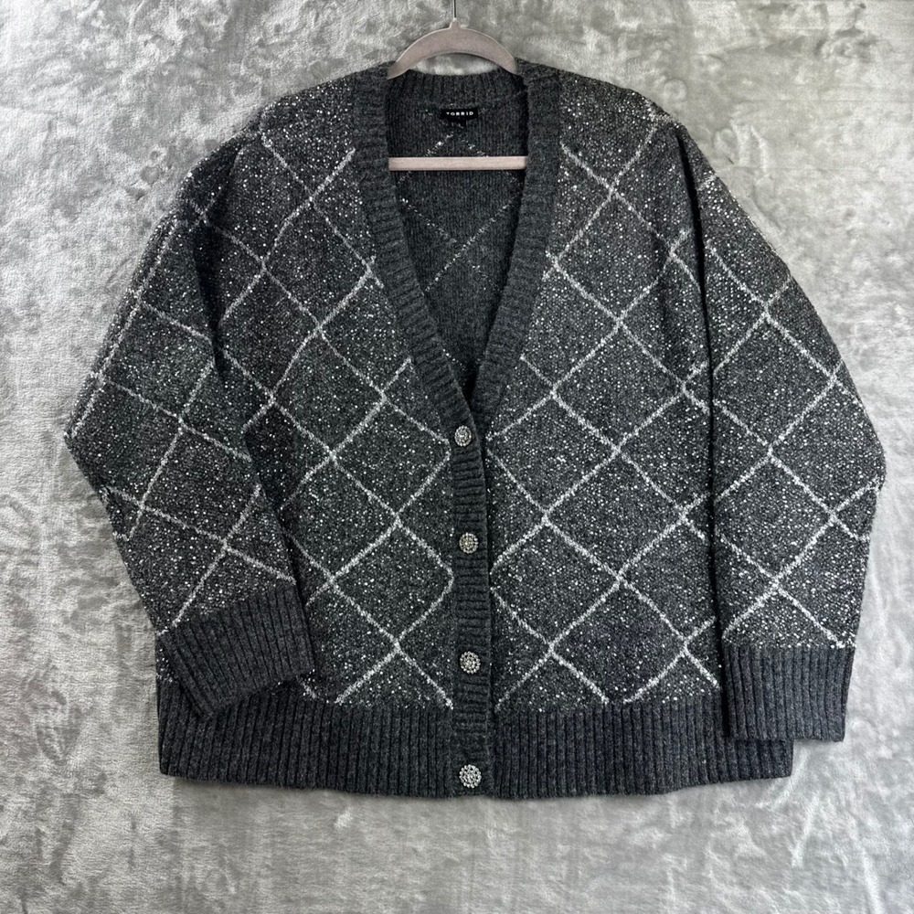 Torrid Cardigan Womens 1 Grey Argyle Sequin Rhinestone Button Sweater (1772)